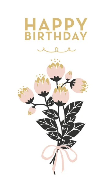 Feliz cumpleaños con un ramo de flores decorado con un lazo sobre un fondo blanco — Vector de stock