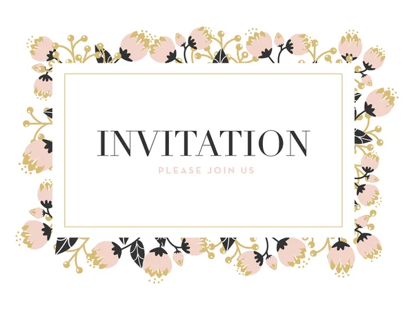 Invitation card with a flower frame with a gold border. — Stock Vector