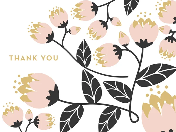 Biglietto di ringraziamento decorato con fiori su un ramo e foglie su sfondo bianco . — Vettoriale Stock