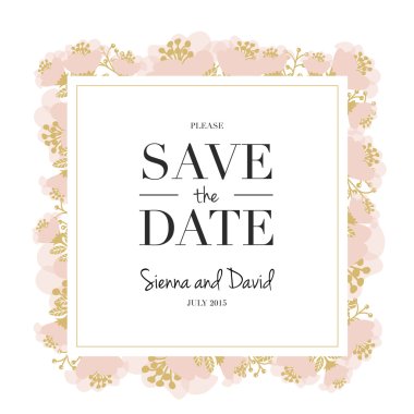 Save the date card with a floral frame with a white background.