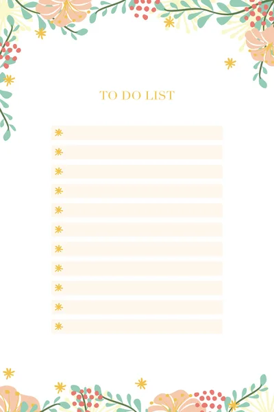 Lista delle cose da fare Blocco note con fiori e foglie — Vettoriale Stock