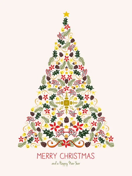 Weihnachtsbaum-Grußkarte mit weihnachtlichen Elementen. — Stockvektor