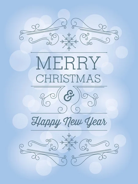 Biglietto di auguri natalizio con fiocchi di neve e ornamenti su sfondo blu . — Vettoriale Stock