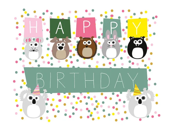 Animales salvajes sosteniendo carteles deseando un feliz cumpleaños con confeti Vector de stock