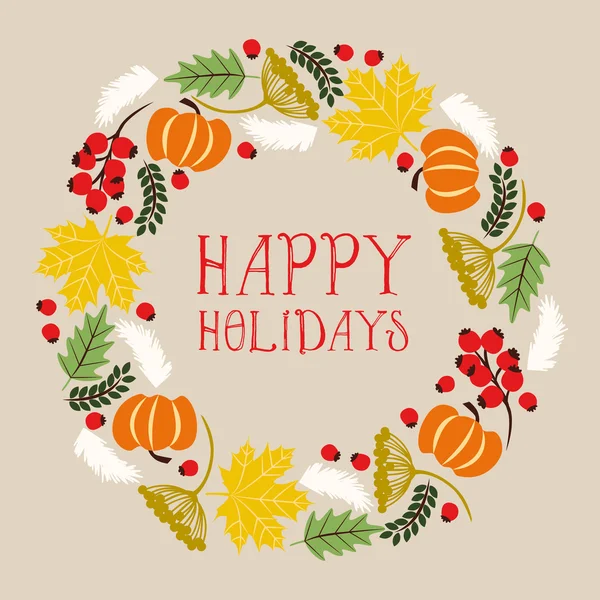 Holiday card with wreath made of holiday elements.