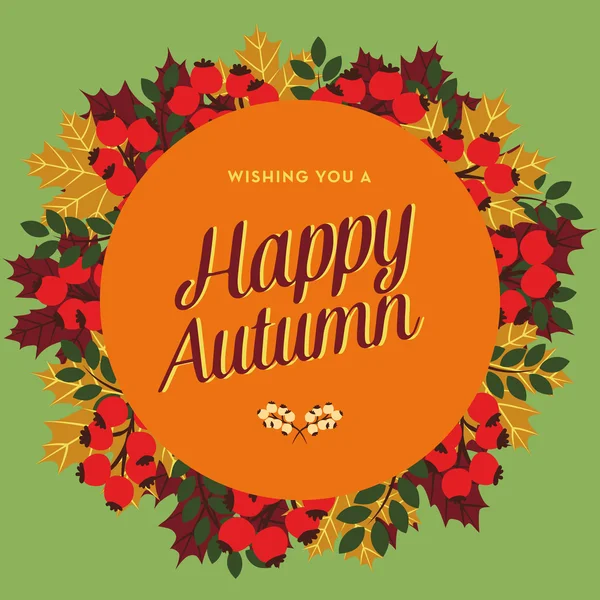 Happy Autumn greeting card with circle banner and leaves. — Wektor stockowy
