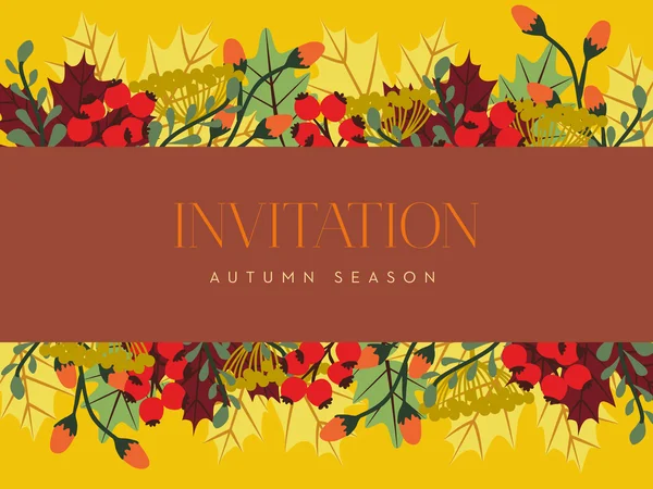 Einladungskarte mit Blättern und Beeren im Herbst. — Stockvektor