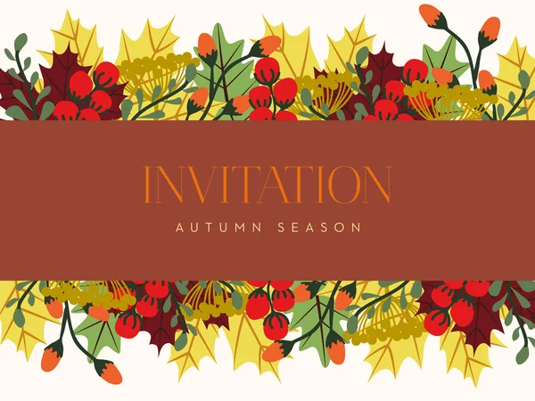 Autumn invitation card with leaves and berries. — Stock Vector