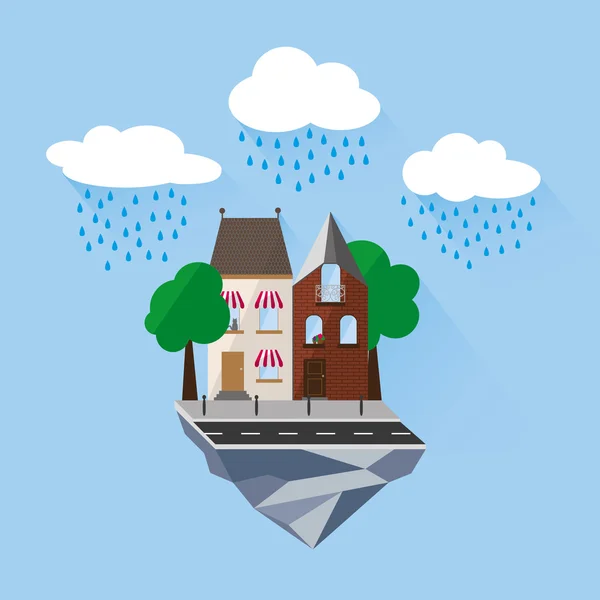 Flat private houses with rain and clouds. — Stock Vector