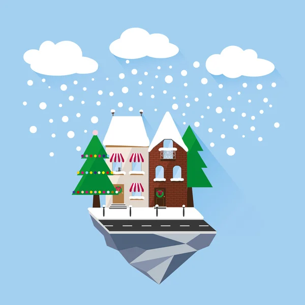 Plochá soukromé domy pokryté sněhem. Vánoční. — Stockový vektor