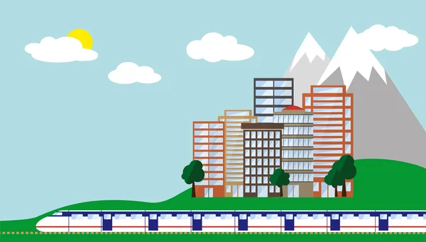 Viaje urbano con tren, ciudad y montaña . — Vector de stock