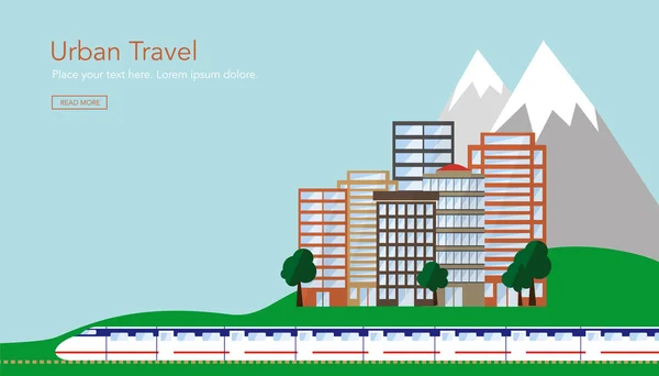 Viaje urbano con tren, ciudad y montaña . — Vector de stock