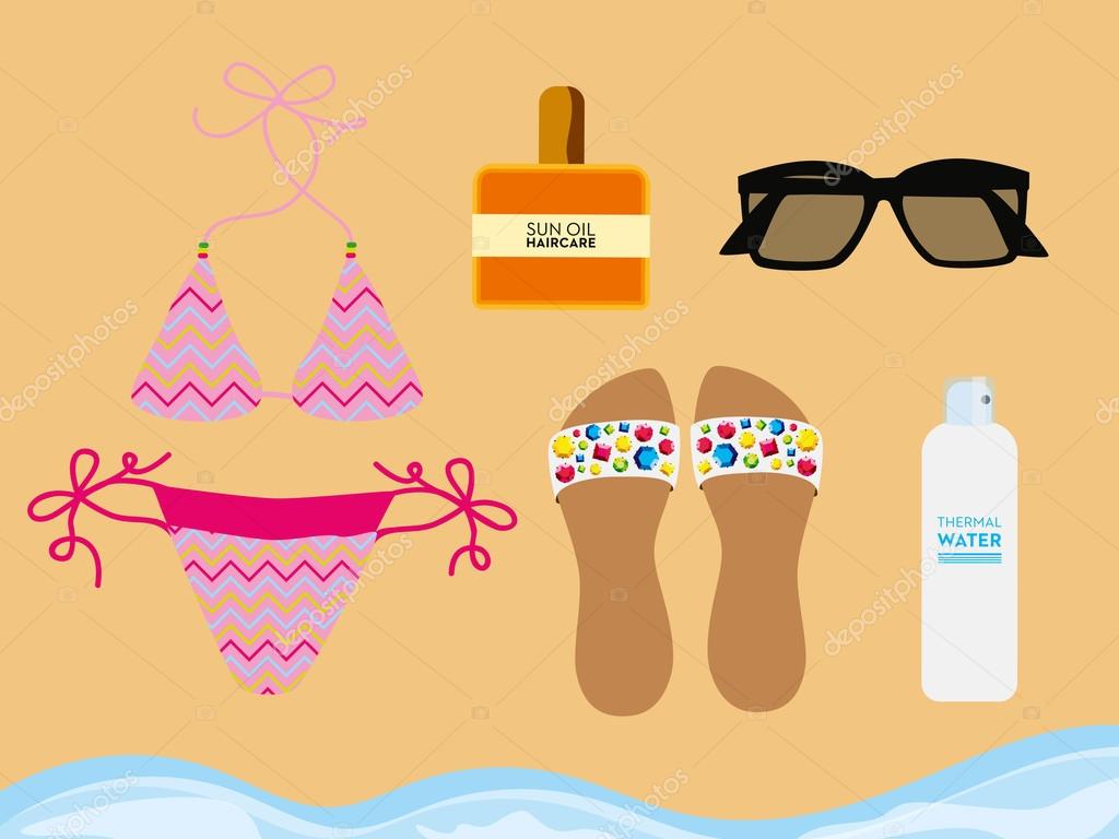 Accessoires de plage sur le sable de la plage. Dessin vectoriel et illustration. \u2014 Vecteur par sommer7596
