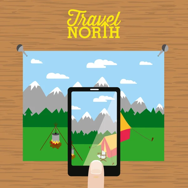 Travel North advertising taking picture with phone. — Stock Vector