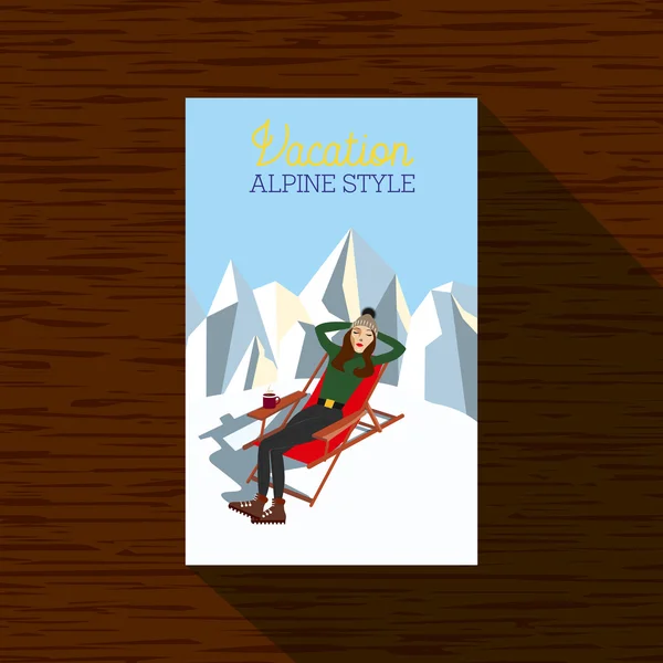 Brochure with woman relaxing on a chair by the mountains. — Stock Vector