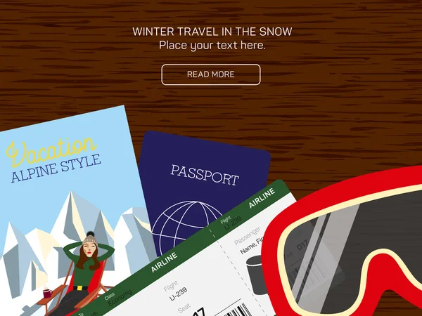 Mockup online winter Alpiene vakantie planning op houten achtergrond. — Stockvector