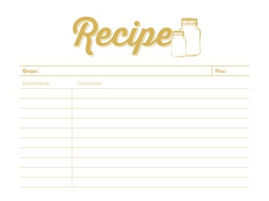 Golden colored recipe card with mason jar. Template. clipart