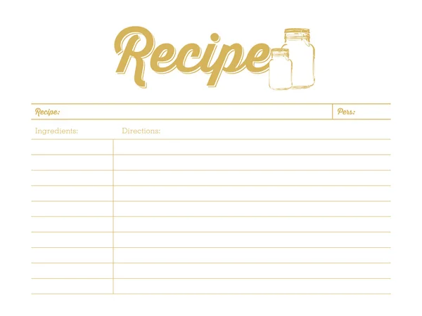 Golden colored recipe card with mason jar. Template. — Stock Vector