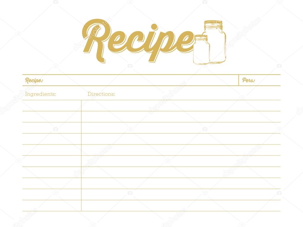 Golden colored recipe card with mason jar. Template.