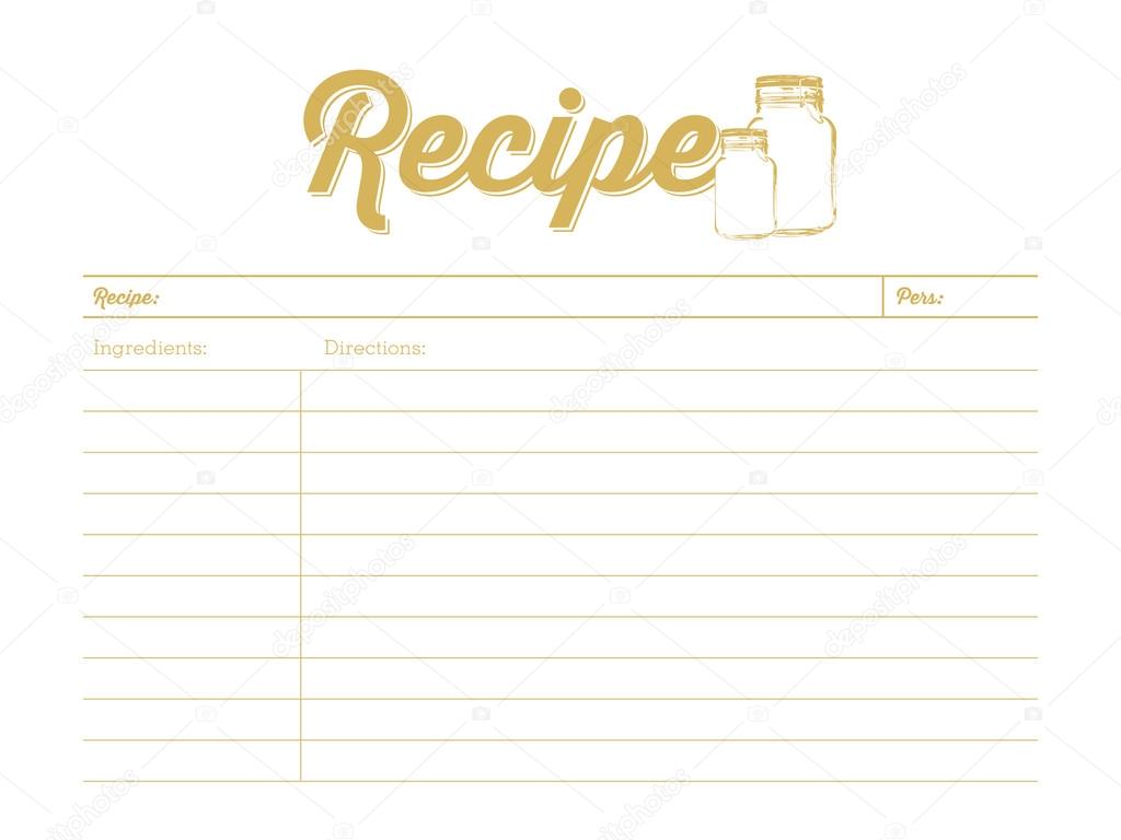 Golden colored recipe card with mason jar. Template. Vector and illustration design.