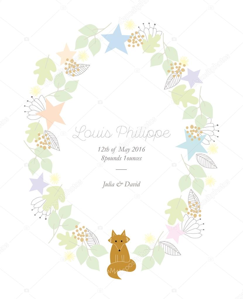 Baby announcement card with a hand drawn fox and flowers.