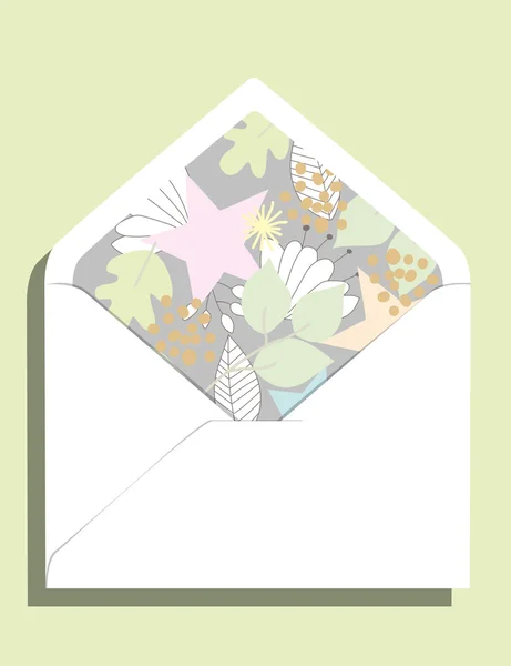 Envelope com elementos desenhados à mão. Flor, estrelas e folhas . — Vetor de Stock