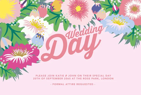 婚礼卡装饰着粉红色的背景上盛开的花朵. — 图库矢量图片