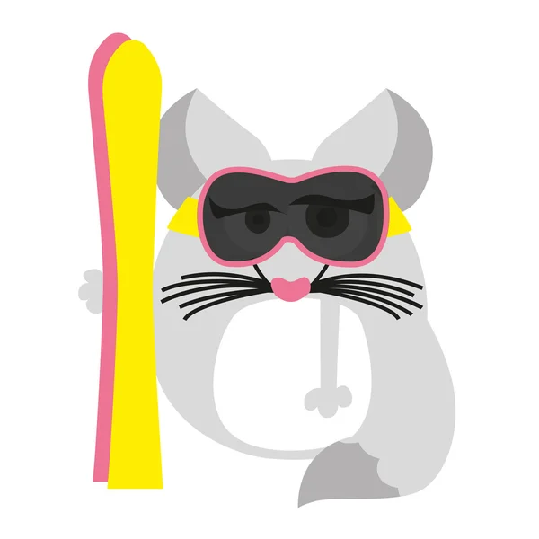 Chinchilla chica sosteniendo esquís con gafas . — Vector de stock