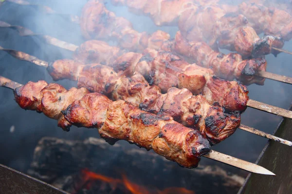 Carne de churrasco em espetos — Fotografia de Stock