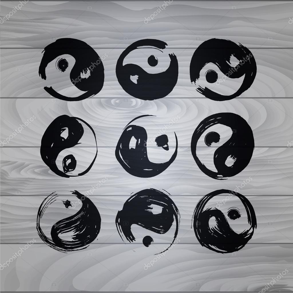 Yin yang symbol Set of 9 characters (wood texture). Ink stains. Japanese calligraphy. The image can be used as prints, logo, cards, textiles, template, yoga products