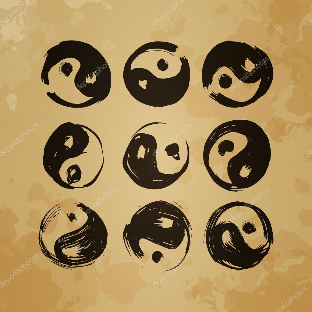 Yin yang symbol Set of 9 characters (paper texture). Ink stains. Japanese calligraphy. The image can be used as prints, logo, cards, textiles, template, yoga products