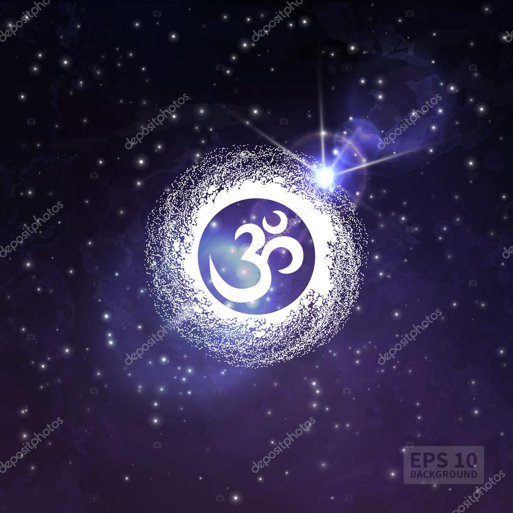 Space background (texture). Twinkling stars, flash light. Yoga logo - the universe