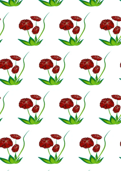 Lots Red Abstract Flowers Green Leaves — Stockvector