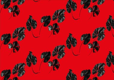 Yazarın fırçası tarafından kırmızı arkaplanda yapılan siyah yaprakların soyut görüntüsü.