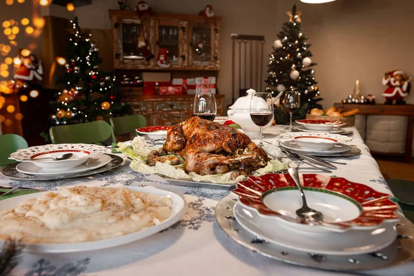 Gros Plan Sur Repas Noël Thanksgiving Dans Une Belle Chambre — Photo