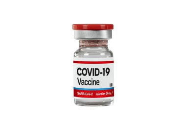 Üzerinde COVID-19 yazan cam ampul beyaz arka planda izole edilmiş. Kas içi enjeksiyonlar için kırmızı şişe. Tedavi, Coronavirus salgını için çözüm, tıbbi kriz.