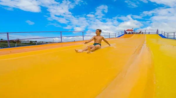 Happy Years Old Kid Shouting While Sliding Water Slide Water — Stock Photo, Image