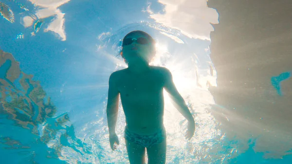 Happy Young Caucasian Kid Swim Goggles Underwater Breast Stroke Middle — Stock Photo, Image