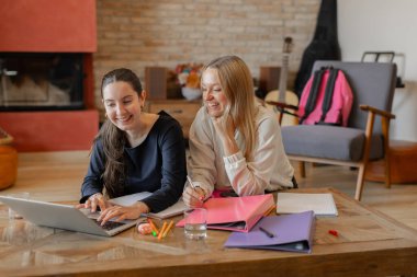 İki gülümseyen öğrenci dizüstü bilgisayarlarında notlar ve renkli dosyalarla ahşap bir masada çalışıyor. Takım çalışması, öğrenme, üretkenlik ve olumlu arkadaşlık kavramı. Kapalı yatay yakın plan görüntü.