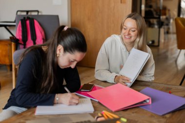 Evde ödev yapan iki genç kadın, biri yazarken diğeri defterinde notlar gösteriyor. Eğitim, takım çalışması, verimlilik, öğrenme ve işbirliği kavramları. Kapalı, yatay.