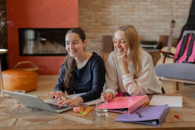 İki öğrenci ahşap bir masada dizüstü bilgisayarları, klasörleri ve defterleriyle birlikte oturmuş öğrenirken gülümsüyorlar. Takım çalışması, arkadaşlık, destek ve verimlilik kavramı. Kapalı yatay yakın plan görüntü.