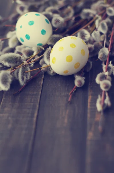 Easter eggs with spring branches of a willow — Stock Photo, Image