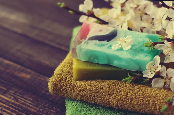 Natural soap of handwork, towel, and spring branches of an apricot — Stock Photo, Image