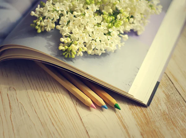 Lente romantische boeket van een witte lila en album. — Stockfoto