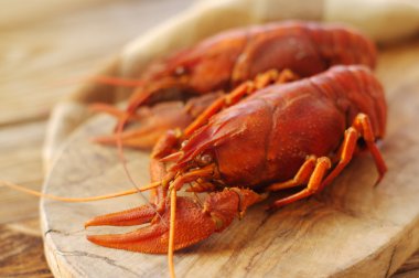 Ahşap arka plan üzerinde ahşap bir gemide haşlanmış crawfishes