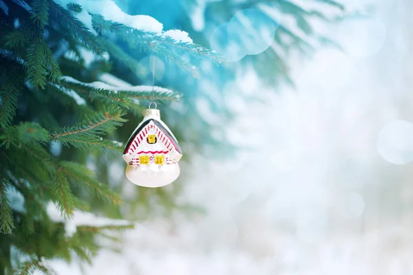 Glass Christmas Tree Toy House Christmas Tree Branch Forest Closeup — Stock Photo, Image