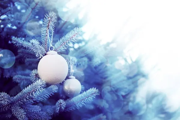 Christmas Balls Christmas Tree Branch Closeup Soft Selective Focus Blue — Stock Photo, Image