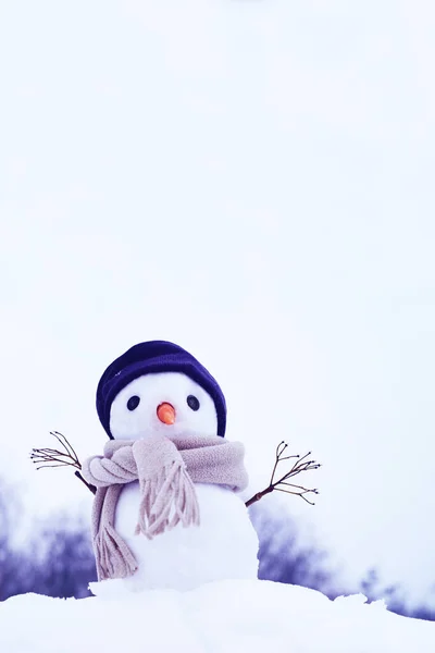 Kleiner Schneemann Mit Hut Und Schal Auf Dem Schnee Einem — Stockfoto