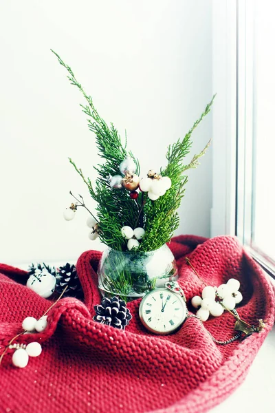 Christmas Still Life Fir Branches Glass Vase Christmas Decor Old — Stockfoto