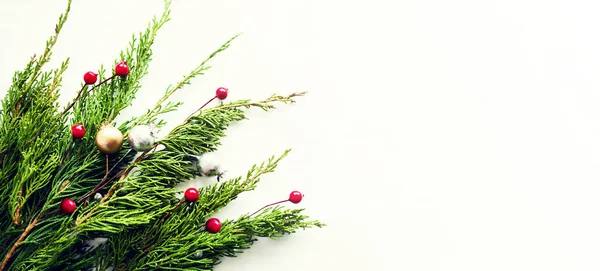 Christmas Background Banner Thuja Branches Christmas Decor White Wooden Background — ストック写真